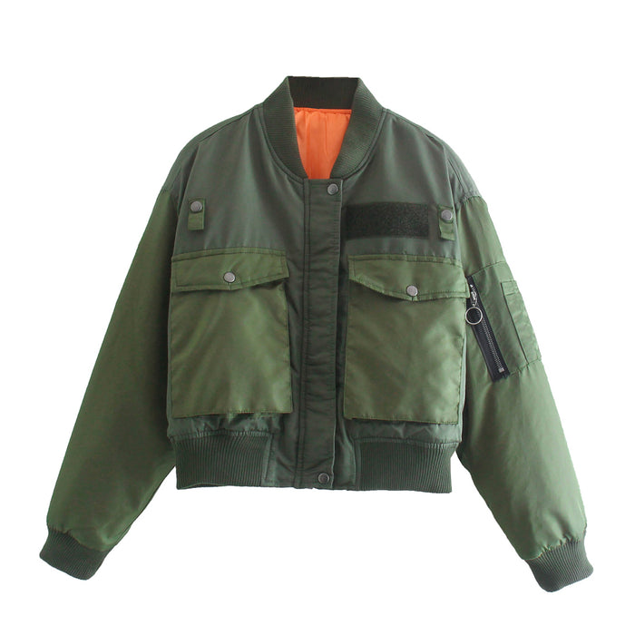 Series Spring Loose Snap Button Large Pocket Army Green Flying Thickened Cotton Padded Coat