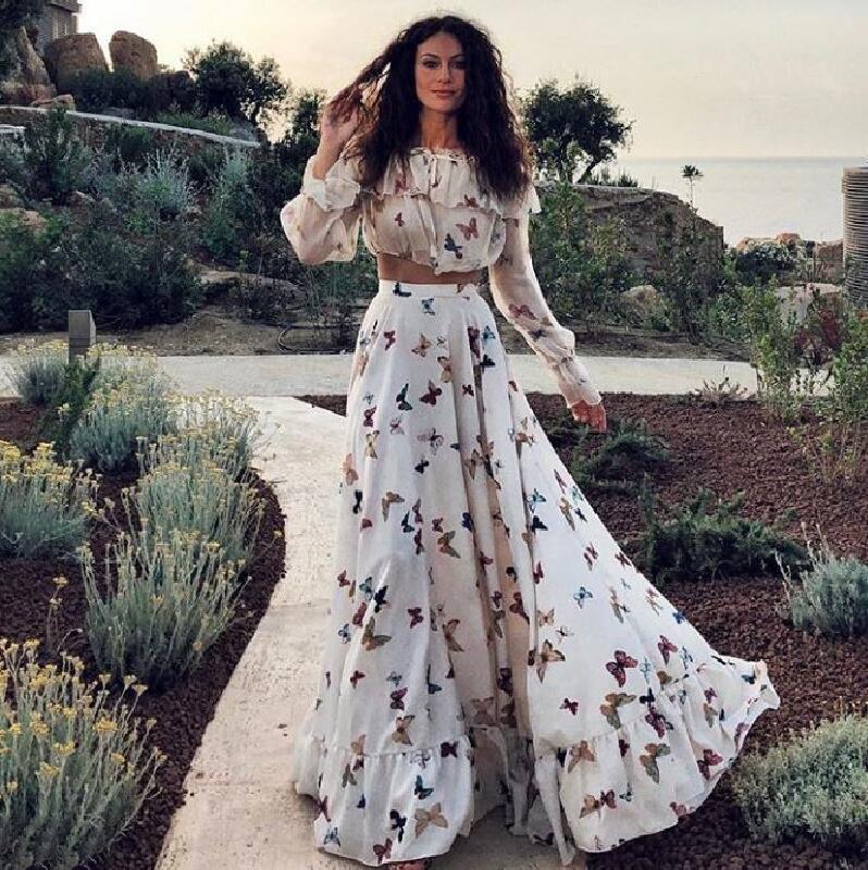 Butterfly Printed Two Piece Suit Bohemian Wide Hem Maxi Beach Suit