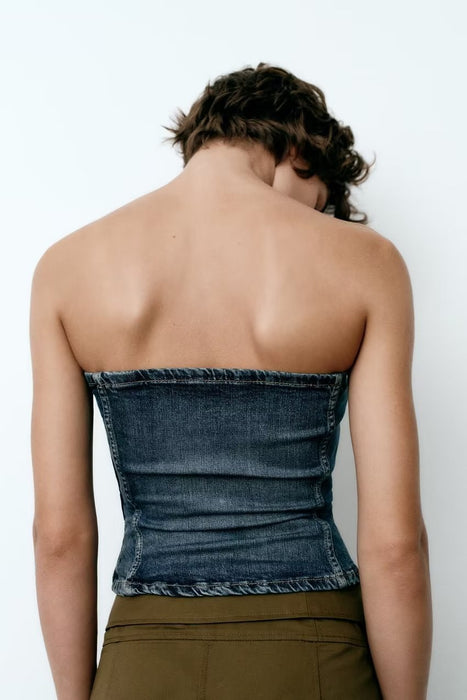 Summer Women Clothing off Neck Back Zipper Corset Denim Top