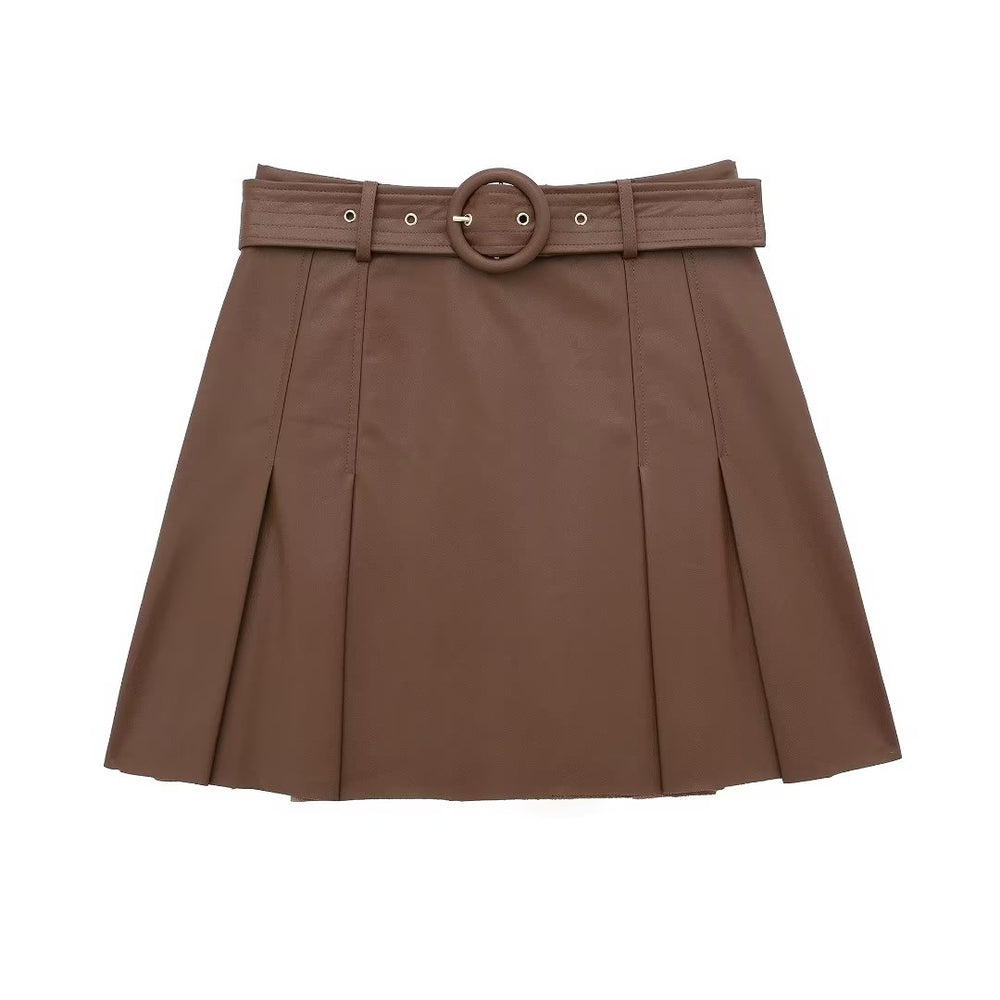 Metallic Coated Fabric Autumn Women Clothing Faux Leather Wide Pleated Mini Skirt