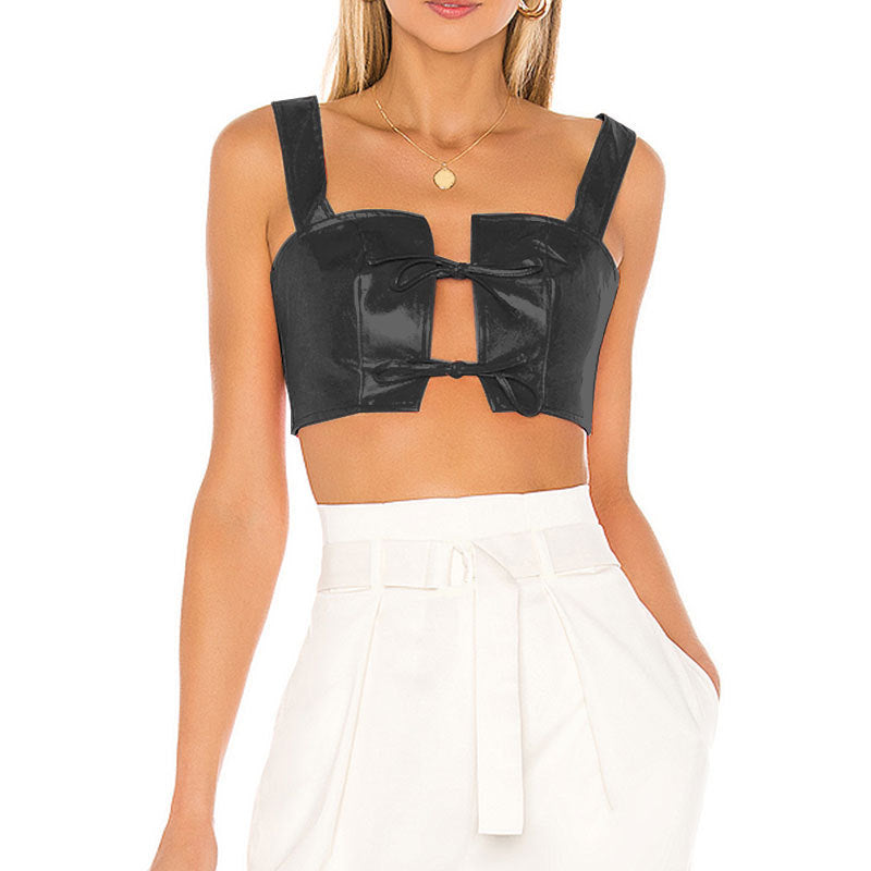 Spring Summer Sexy Nightclub Short Top Sexy Lace-up Patent Leather Faux Leather cropped Cropped Outfit Sling