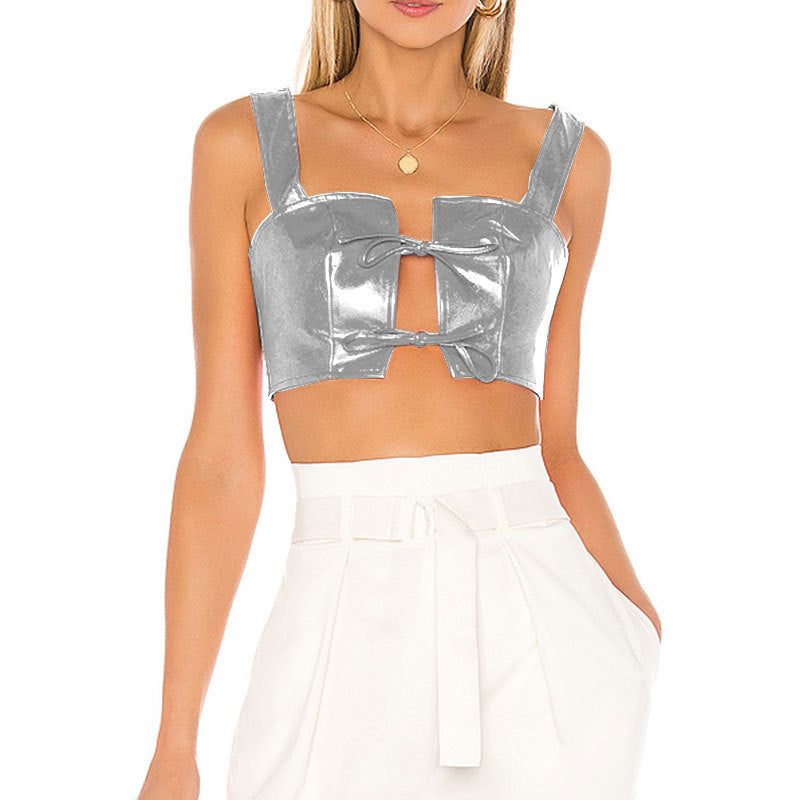 Spring Summer Sexy Nightclub Short Top Sexy Lace-up Patent Leather Faux Leather cropped Cropped Outfit Sling