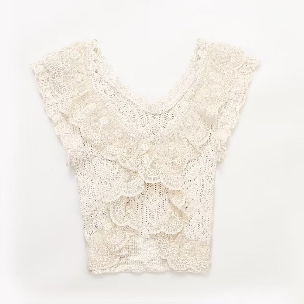 Fall Women Clothing Lace Ruffled Hollow Out Cutout Vest Camisole