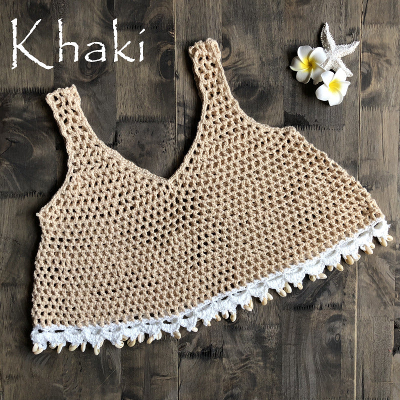 Sexy Hollow Out Cutout Shell Bikini Top Hand Crochet Female Sun Protective Blouse