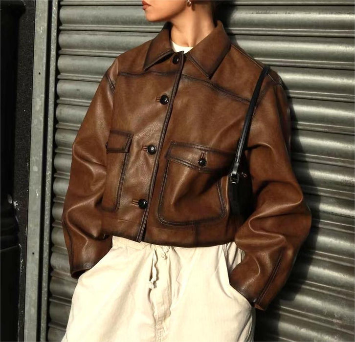 Kendall Jenner Maillard Hand Rub Color Vintage Brown Cropped Leather Coat Women Autumn Winter Trendy Cool Motorcycle Jacket