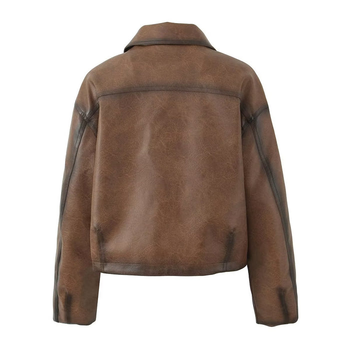 Kendall Jenner Maillard Hand Rub Color Vintage Brown Cropped Leather Coat Women Autumn Winter Trendy Cool Motorcycle Jacket