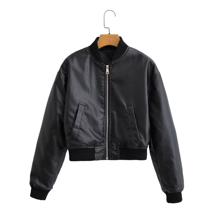 Autumn Women Clothing Black Washed Faux Leather Flight Jacket Cotton Jacket