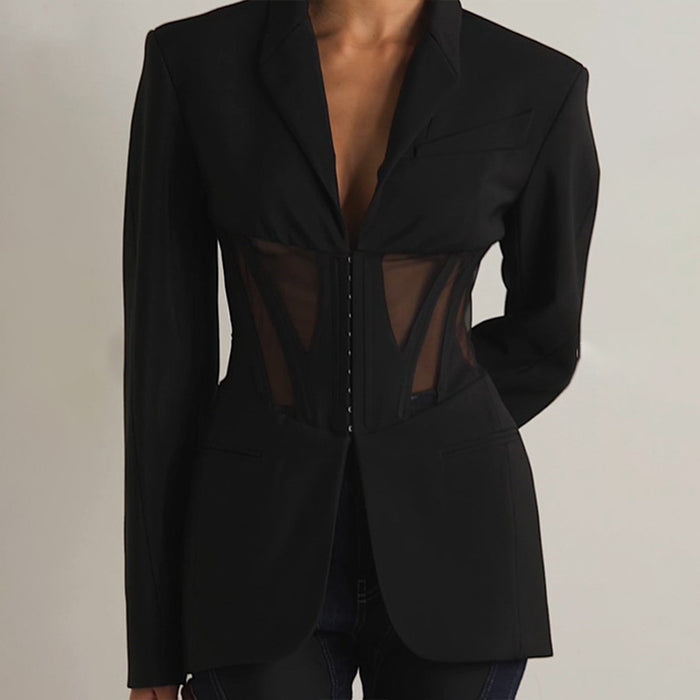 Autumn Boning Corset Waist Mesh Stitching See Through Design Blazer Mid Length Blazers