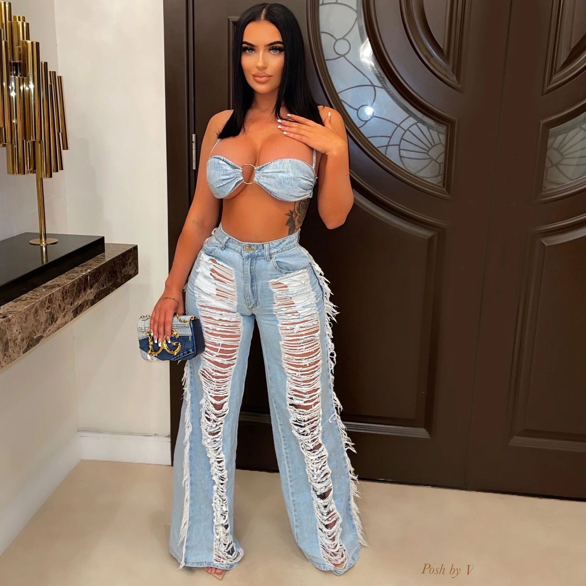 Denim Casual Set Tube Top Tassel Denim Set