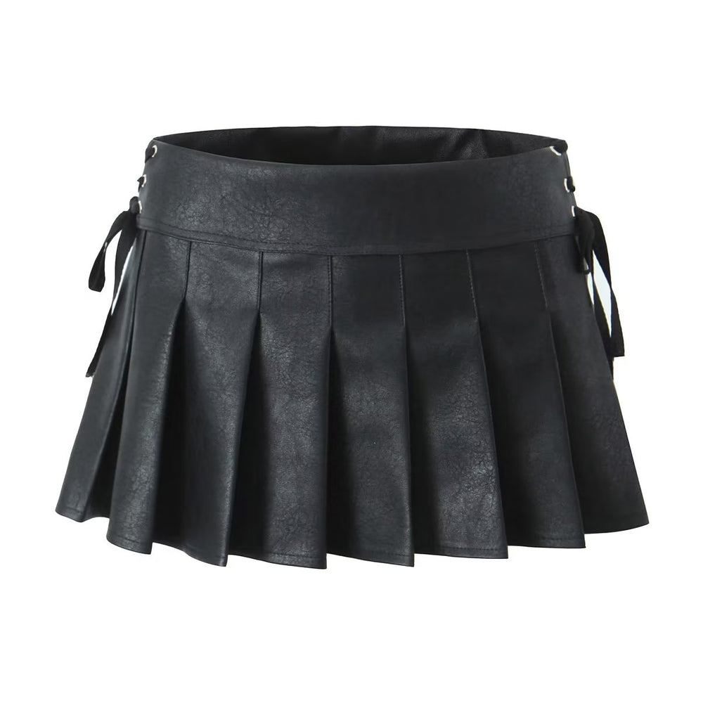 Retro Faux Leather Pleated Skirt for Women Winter Sexy Low Waist Lace up Sexy Skirt