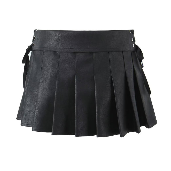 Retro Faux Leather Pleated Skirt for Women Winter Sexy Low Waist Lace up Sexy Skirt