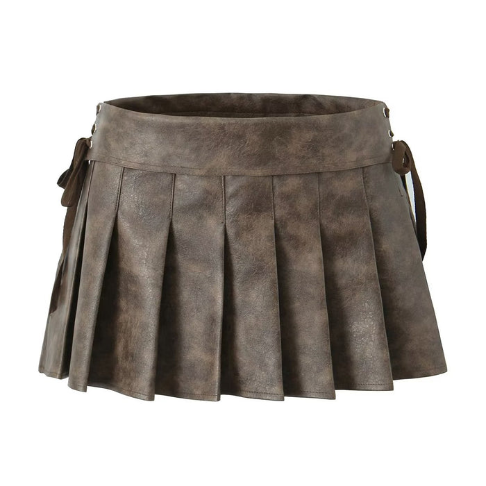 Retro Faux Leather Pleated Skirt for Women Winter Sexy Low Waist Lace up Sexy Skirt