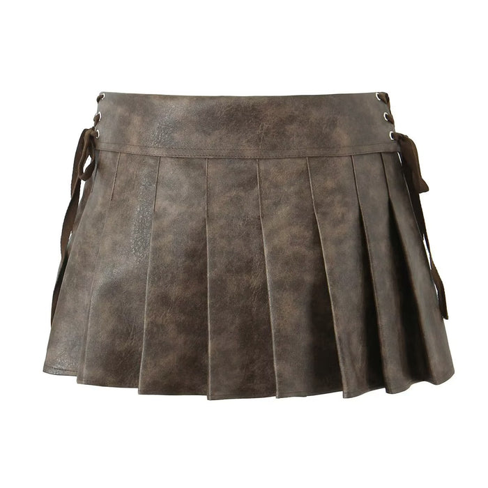 Retro Faux Leather Pleated Skirt for Women Winter Sexy Low Waist Lace up Sexy Skirt