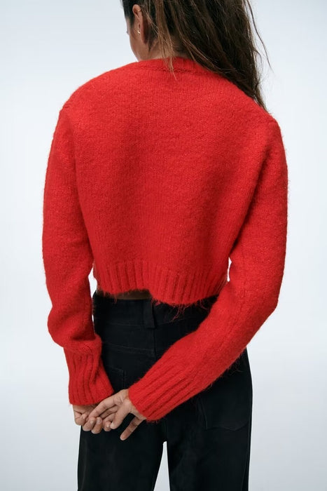 Women Clothing French Round Neck Long Sleeve Short Sweater Sweater