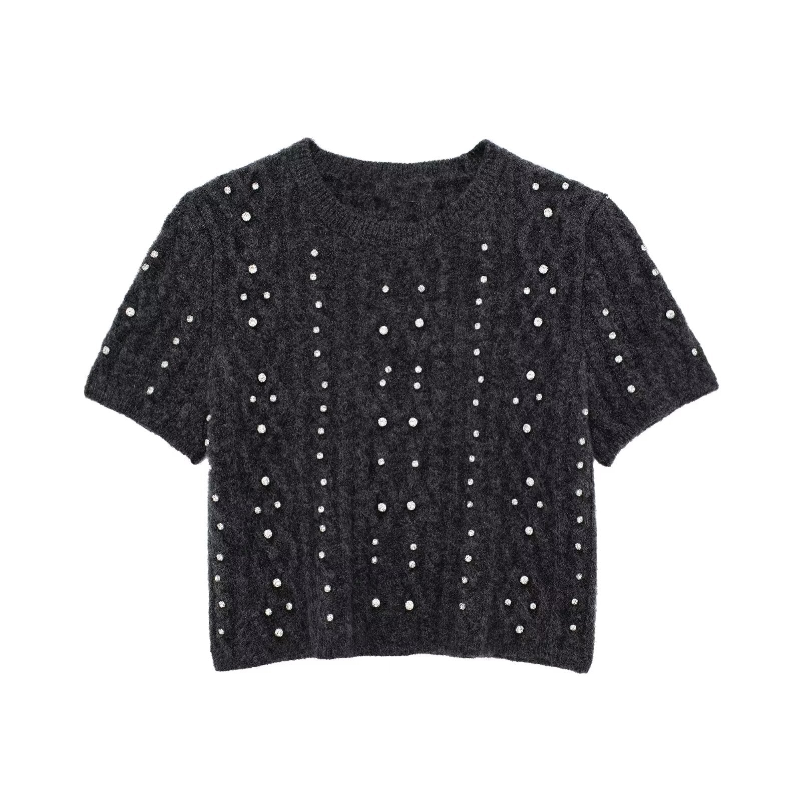 【MOQ-5 packs】 Autumn Winter Women Clothing Classic Round Neck Sweater With Short Sleeves Beaded Short Sweater