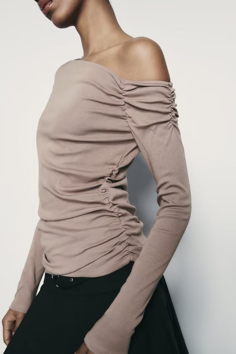 Women Clothing French Pleated Asymmetric Long Sleeved T shirt Top