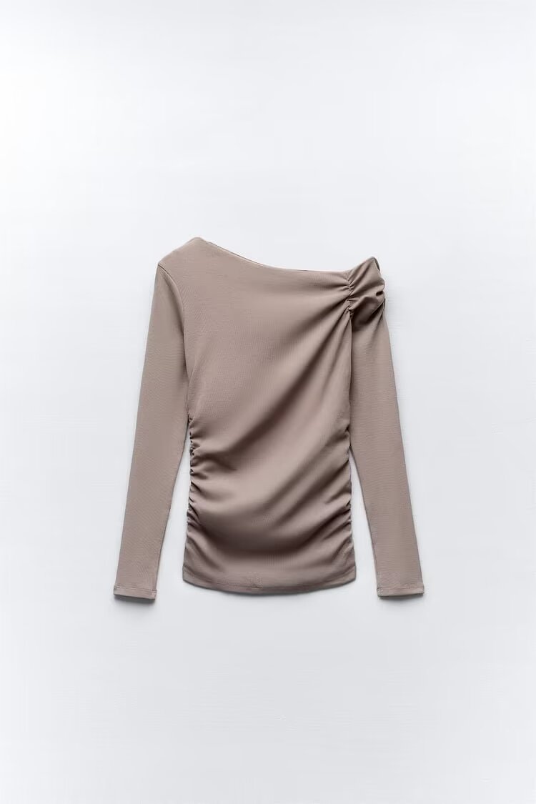 Women Clothing French Pleated Asymmetric Long Sleeved T shirt Top