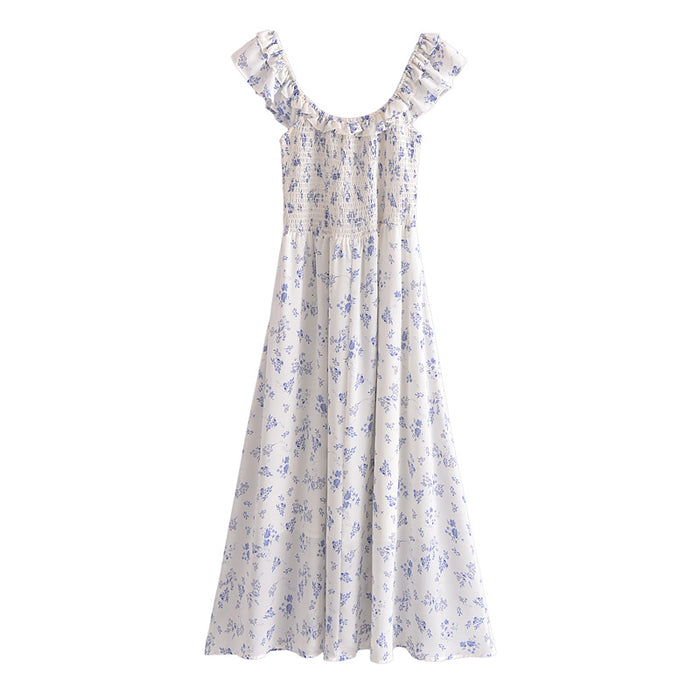 French Small Floral Print Wooden Ear Dress Flying Sleeve Pleated Waist Tight Slimming Dress Summer