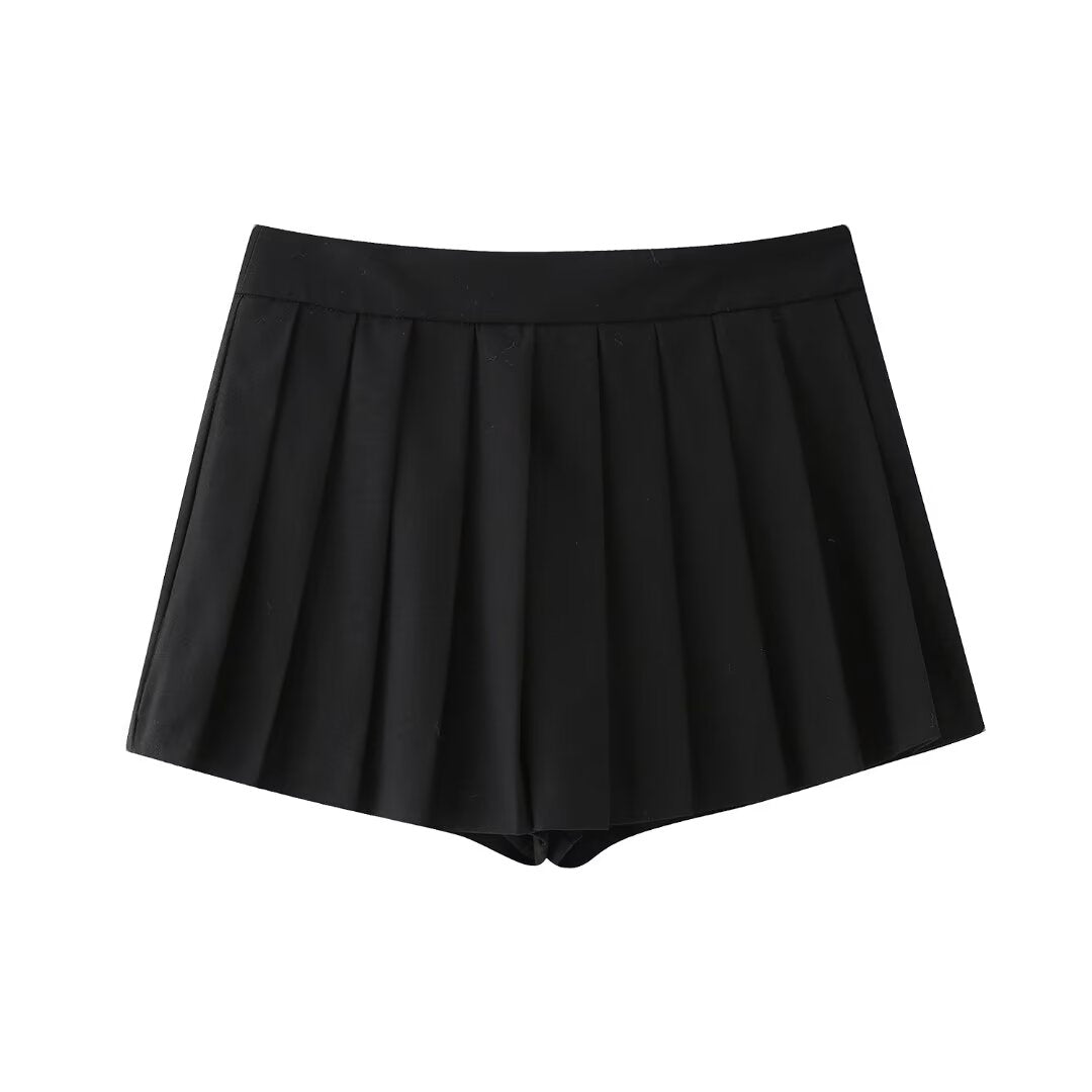 Spring Women Street Solid Color Wide Pleated Mini Culottes