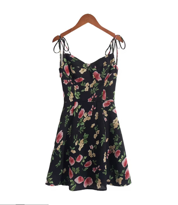 【MOQ-5 packs】 French Floral Print Wooden Ear Sexy V Neck Strap Dress Women Blogger Cinched Short Dress