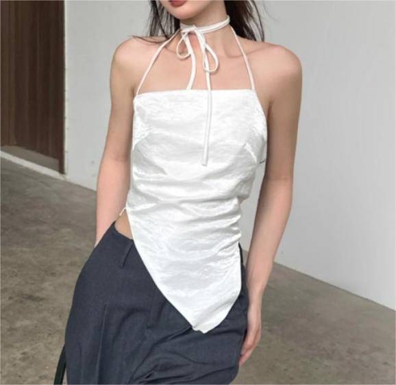 Sexy Summer Solid Color Sleeveless Halter Lace Up Irregular Asymmetric Tube Top Backless Top