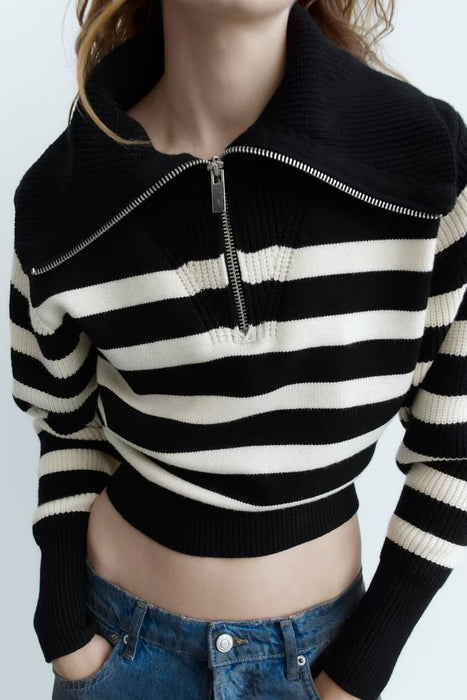 Spring Striped Zipper Ornament Knitwear Large Collared Loose Top