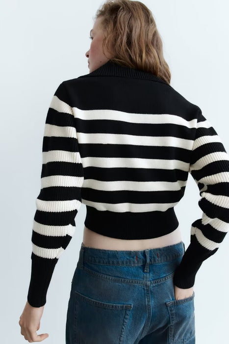 Spring Striped Zipper Ornament Knitwear Large Collared Loose Top