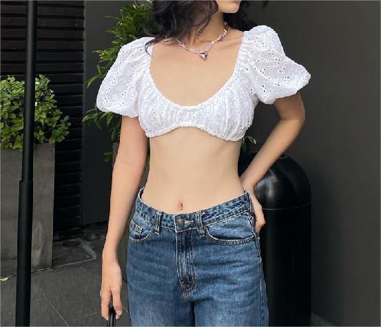 Women Clothing Sexy French U Neck Backless Sweet Crocheted Hollow Out Cutout Puff Sleeve Short Top