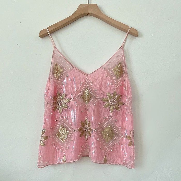 【MOQ-5 packs】 Niche Summer Women Heavy Embroidery Sequ Beaded Sling Basic Sexy Slimming Short V neck Vest Western Sexy