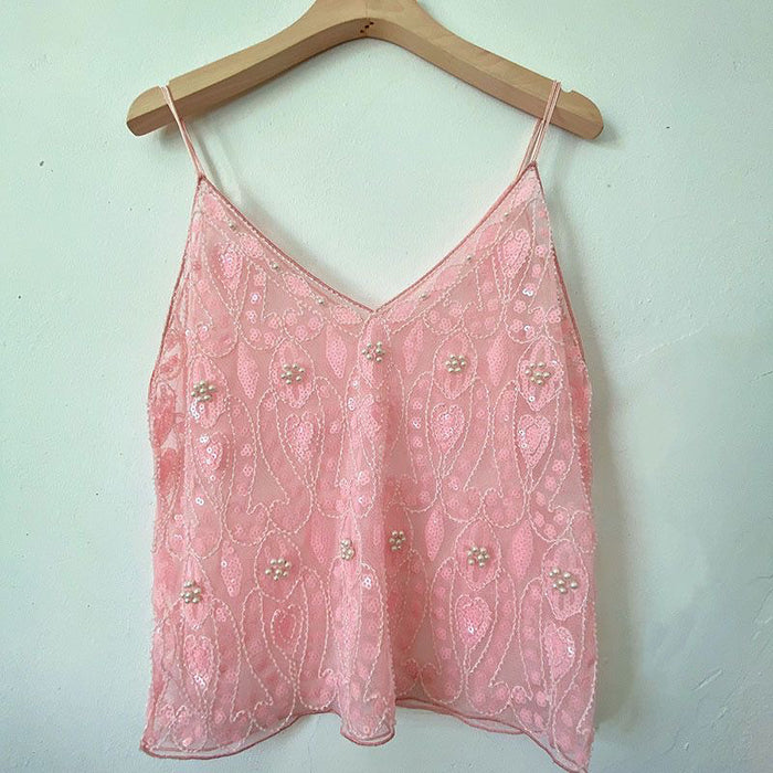 【MOQ-5 packs】 Niche Summer Women Heavy Embroidery Sequ Beaded Sling Basic Sexy Slimming Short V neck Vest Western Sexy
