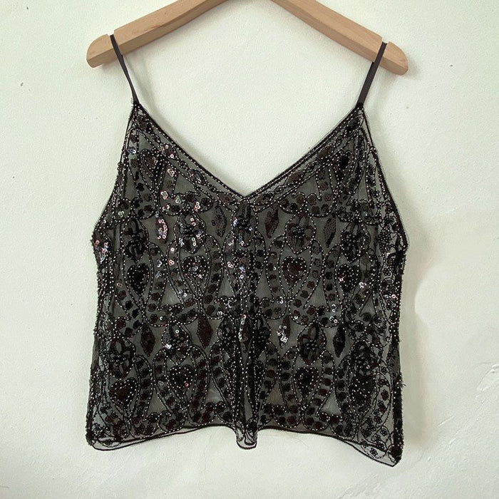 【MOQ-5 packs】 Niche Summer Women Heavy Embroidery Sequ Beaded Sling Basic Sexy Slimming Short V neck Vest Western Sexy