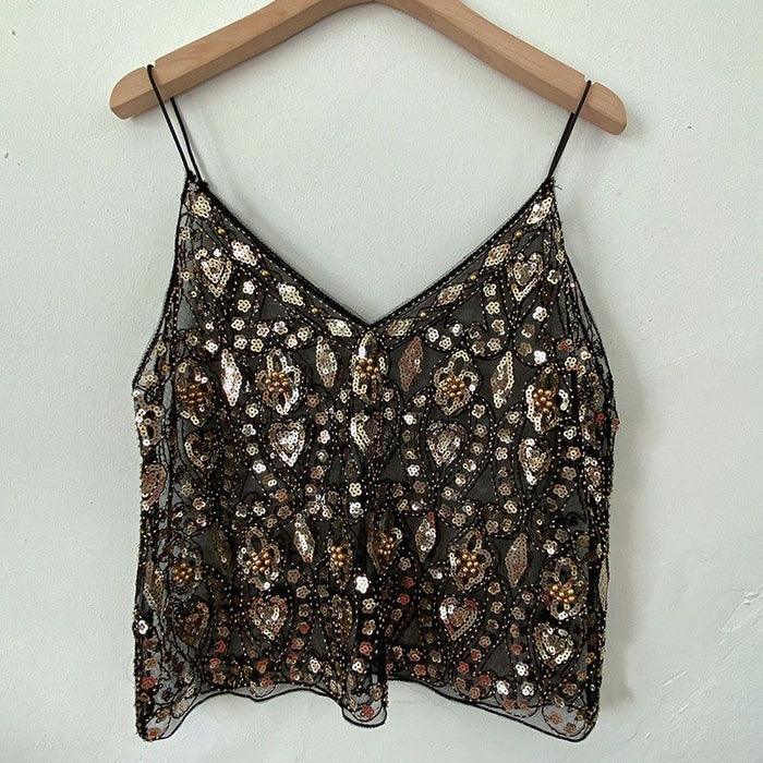 【MOQ-5 packs】 Niche Summer Women Heavy Embroidery Sequ Beaded Sling Basic Sexy Slimming Short V neck Vest Western Sexy