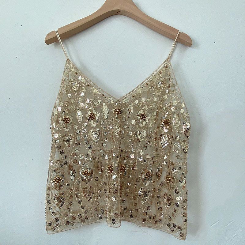 【MOQ-5 packs】 Niche Summer Women Heavy Embroidery Sequ Beaded Sling Basic Sexy Slimming Short V neck Vest Western Sexy