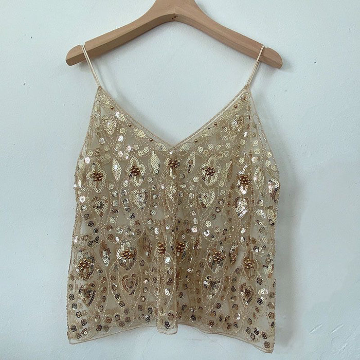 【MOQ-5 packs】 Niche Summer Women Heavy Embroidery Sequ Beaded Sling Basic Sexy Slimming Short V neck Vest Western Sexy