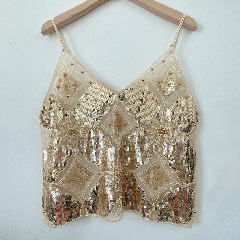 【MOQ-5 packs】 Niche Summer Women Heavy Embroidery Sequ Beaded Sling Basic Sexy Slimming Short V neck Vest Western Sexy