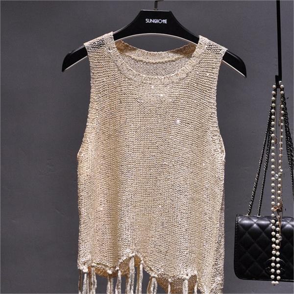 【MOQ-5 packs】 Hollow Out Cutout Sexy Summer Sequined Small Sling Vest Sleeveless round Neck Tassel Outer Wear Knitted Top for Women