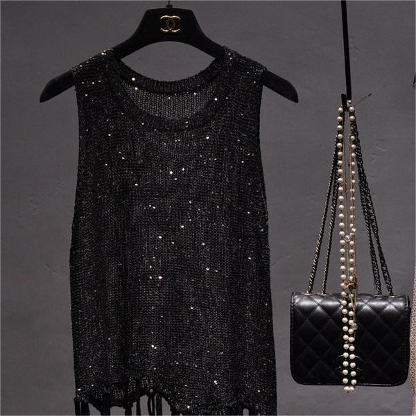 【MOQ-5 packs】 Hollow Out Cutout Sexy Summer Sequined Small Sling Vest Sleeveless round Neck Tassel Outer Wear Knitted Top for Women