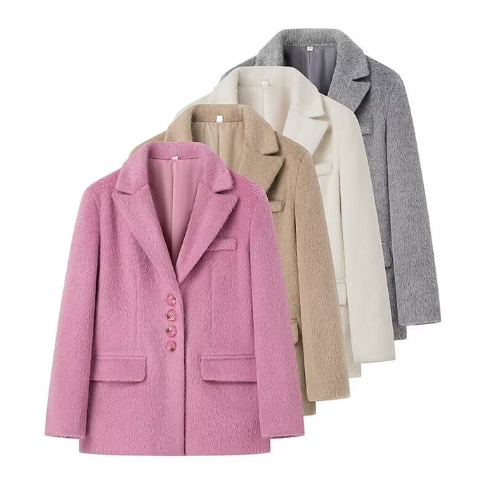 Winter Women Clothing Fashionable All Match Loose Button Decoration Long Wool Blazer