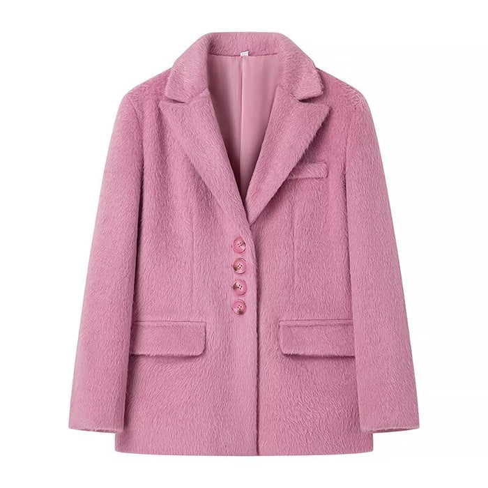 Winter Women Clothing Fashionable All Match Loose Button Decoration Long Wool Blazer