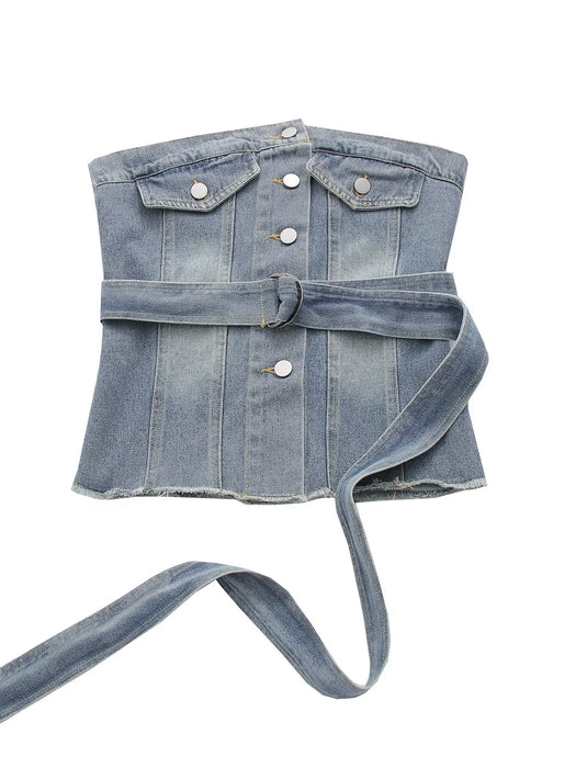 Women Clothing Street Sexy Lace up Waist Tight Denim Top Sleeveless Denim Tube Top Back