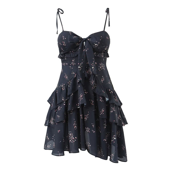 French Hipster Floral Decorated Cami Dress Sexy Patchwork Lace up Design High Waist A line Dress for Women