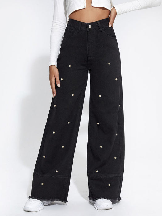 Spring Summer Pearl Pants Black Rough Edges Stitching Tassel Wide Leg Jeans