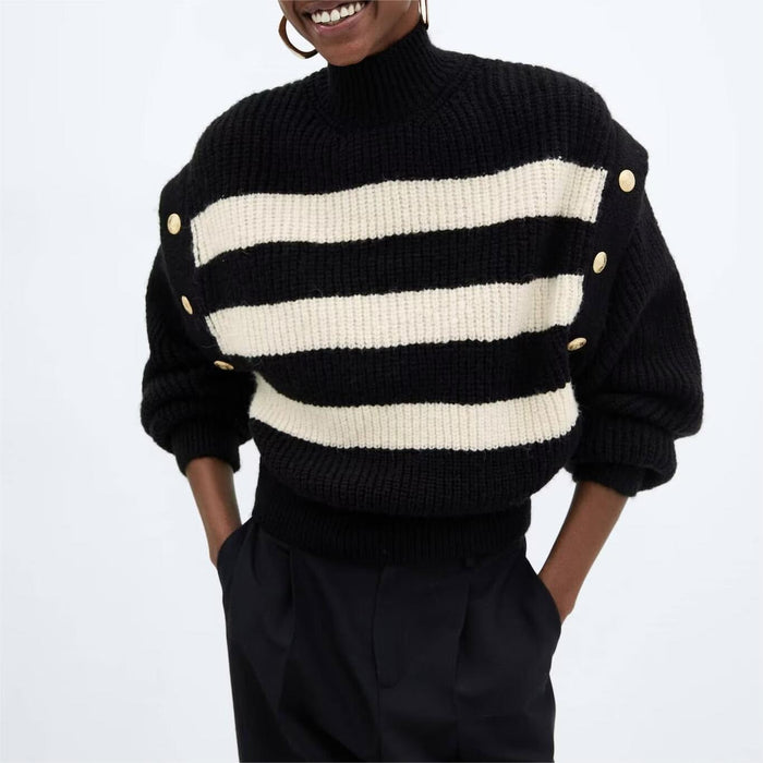 Autumn Winter Women Clothing Stand Collar Buckle Striped Sweater