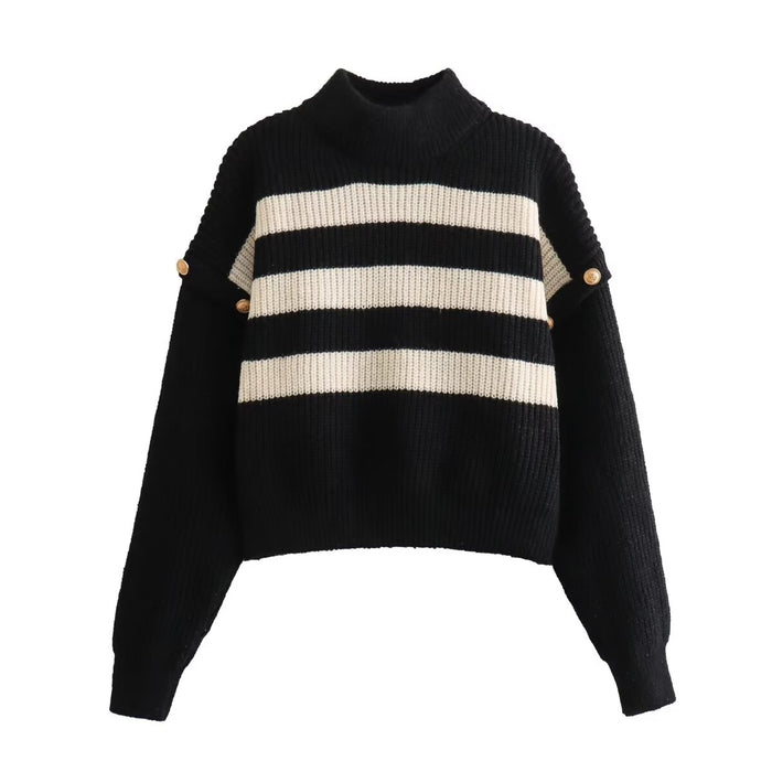 Autumn Winter Women Clothing Stand Collar Buckle Striped Sweater