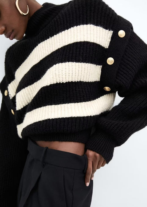 Autumn Winter Women Clothing Stand Collar Buckle Striped Sweater