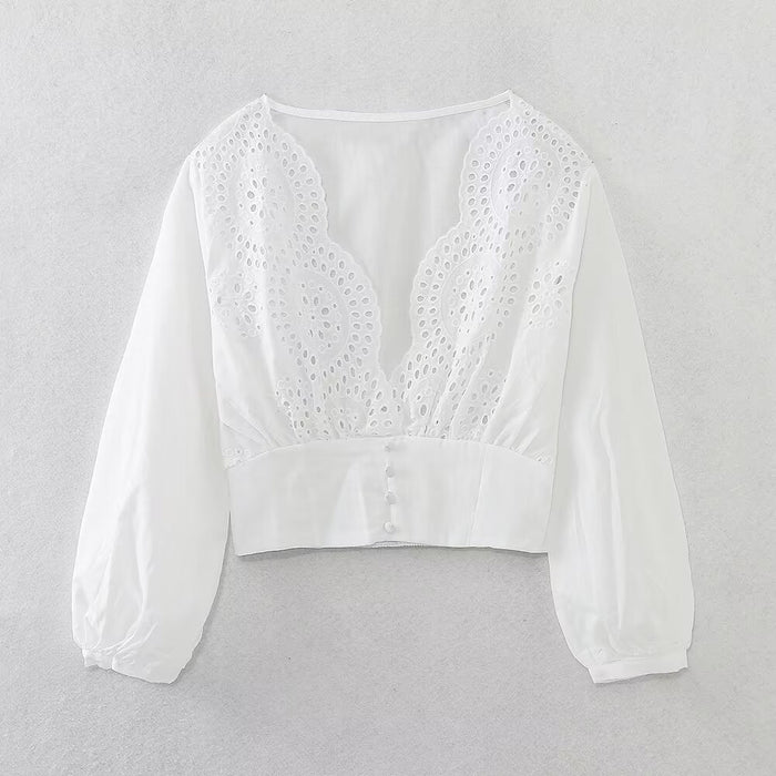 Autumn French Sexy Lace V Neck Hollow Out Cutout Embroidery Short Shirt Top Women