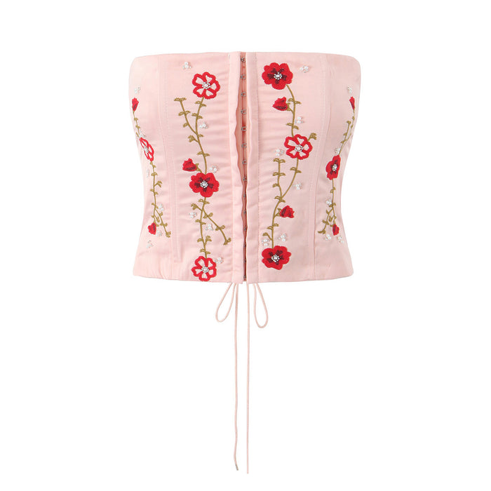 Women Clothing French Pink Embroidery plus Beaded Tube Top