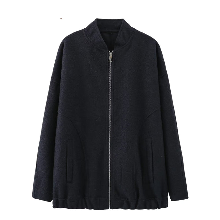 Autumn Winter Solid Color Stand Collar Bead Leather Woolen Bomber Jacket Coat