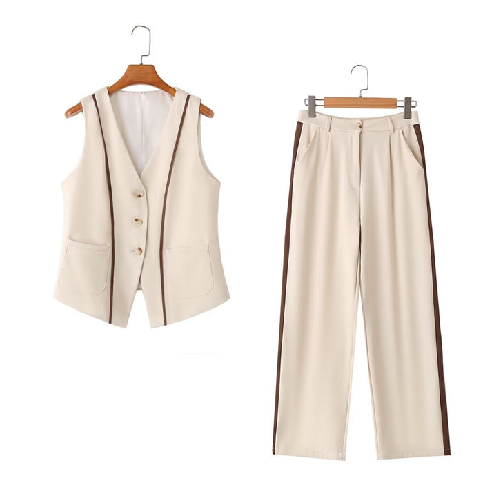 Winter Women Clothing V neck Single Breasted Vest Loose Wide Leg Pants Set