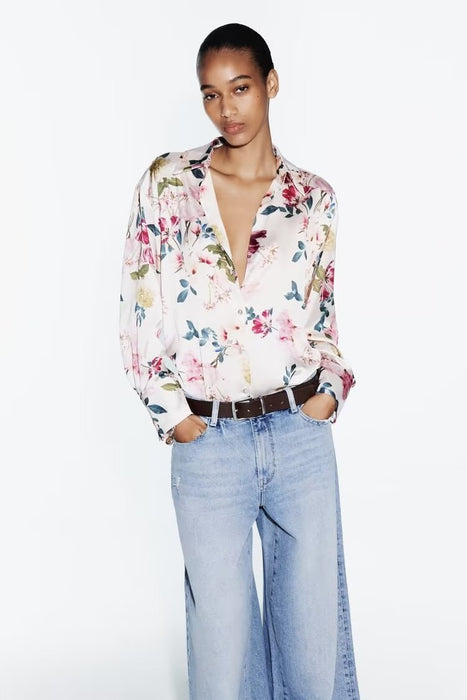 Spring Women Long Sleeve Loose Casual Silk Satin Textured Shirt